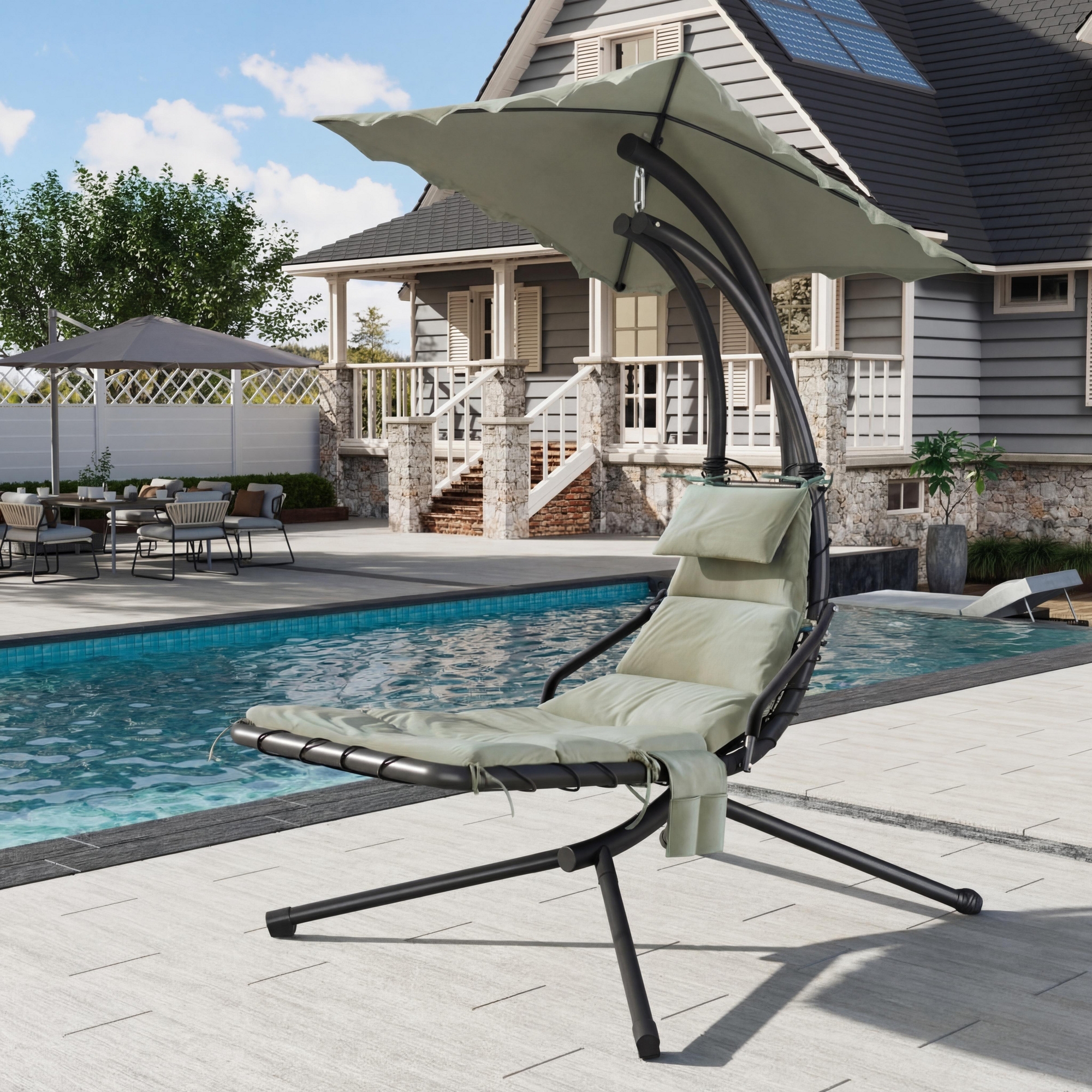 Chaise Lounger Swing Chair with Umbrella Canopy, Patio Hanging Chaise Lounger Chair with Stand, Curved Steel Outdoor Lounge Chair for Indoor, Outdoor