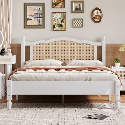 TiramisuBest Queen Size Wooden Platform Bed with Natural Rattan Headboard, Vintage Bed Frame with Wooden Slat Support
