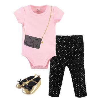 Little Treasure Baby Girl Cotton Bodysuit, Pant and Shoe 3pc Set, Classic Black Purse