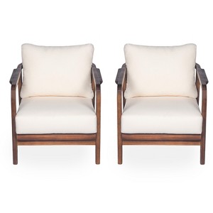 TiramisuBest [Set of 2] 28" Outdoor Lounge Chair with Woven Backrest, Walnut Solid Wood Frame & Beige Cushions,Comfortable Patio and Garden - 1 of 4