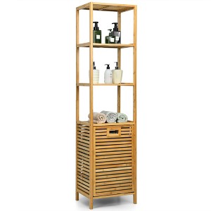 Costway Bathroom Tilt-out Laundry Hamper Bamboo Tower Hamper w/3-Tier Shelves - 1 of 4