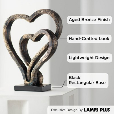 Aged Bronze Interlocking Hearts 12" Statue on Black Base