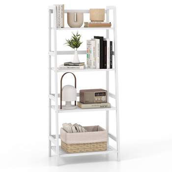 Costway Multifunctional 4 Shelf Bamboo Bookcase Ladder Plant Flower Stand Rack Storage White/Natural