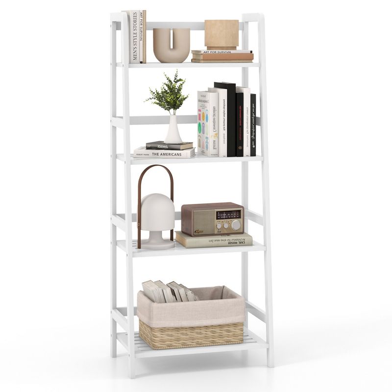 Costway Multifunctional 4 Shelf Bamboo Bookcase Ladder Plant Flower Stand Rack Storage White/Natural, 1 of 10
