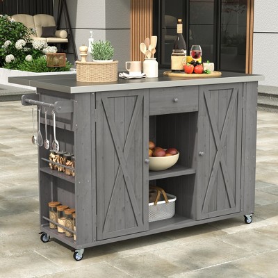 JUJABU Fir Wood Outdoor Kitchen Island with Stainless Steel Top, Ample Storage Space , Towel, Spice Racks and a Bottle Opener for Outdoor