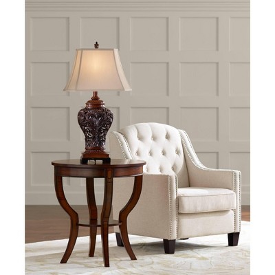 Bronze Carved Leaf Table Lamps with Tan Shades, Set of 2