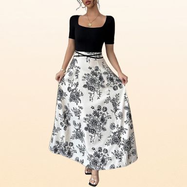 EadianDree Women's Summer Dress Mock 2 Piece Square Neck Short Sleeve Vintage Floral Crisscross Tie Waist A Line Maxi Elegant Casual Dresses,Black-XL