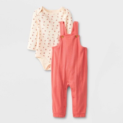Image of Baby Girls' 2pc Long Sleeve Bodysuit & Overalls Set - Cat & Jack™ Peach Orange Newborn