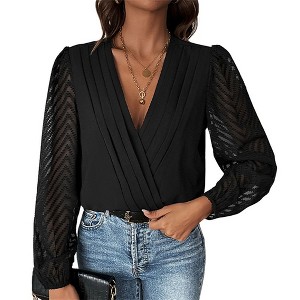 Women's V-Neck Bodysuit Long Sleeve Lace Sheer Solid Color - 1 of 4