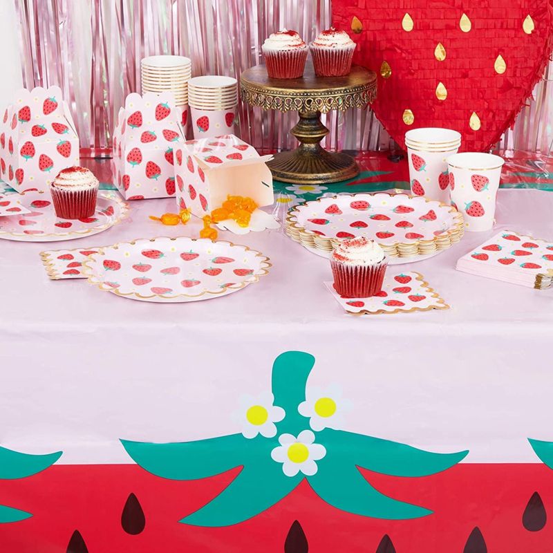 Sparkle and Bash 3 Pack Pink Plastic Tablecloth for Strawberry Party Decorations, 54 x 108 in, 2 of 6