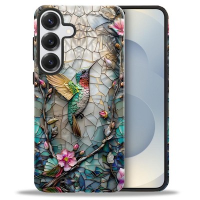 BONGEEK Case Compatible with Samsung Galaxy S25,Scratch Resistant Hybrid 2-Layer Hard Shell Bright Phone Case,Hummingbird Flower Stained Glass