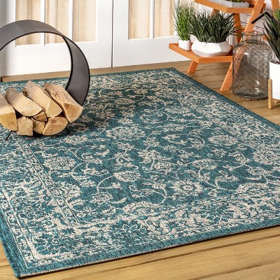 Teal and Gray Bohemian Floral Indoor/Outdoor Area Rug