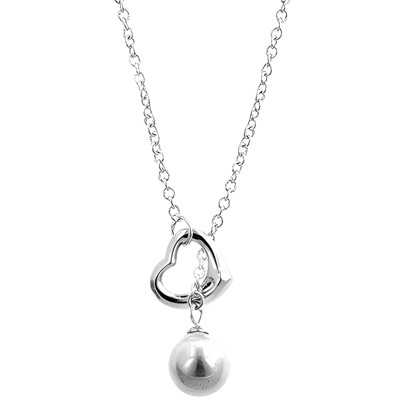 Slickblue Radiant Pearl Necklace with Heart Charm, Rhodium-Plated 18" Chain Featuring Crushed Shell Pearl