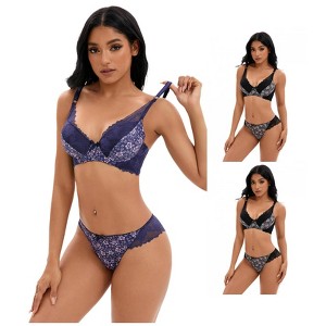 INSPIRE CHIC 3 Sets Women's Floral Mesh Push-Up Underwire Lace Bra and Underwear Lingerie Set - 1 of 4