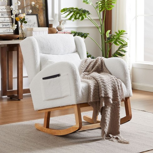 Modern Lounge Rocker Recliner ivory Fabric Rocking Chair With Pockets comfy Accent Arm Chair With Solid Wood Legs leisure Chairs cuddlewood Target