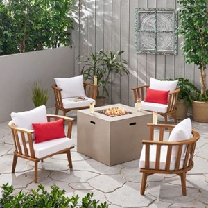 Christopher Knight Home Ridgeview Outdoor Acacia Wood 5 Piece Club Chair and Fire Pit Set with Cushions, Teak/White - 1 of 4