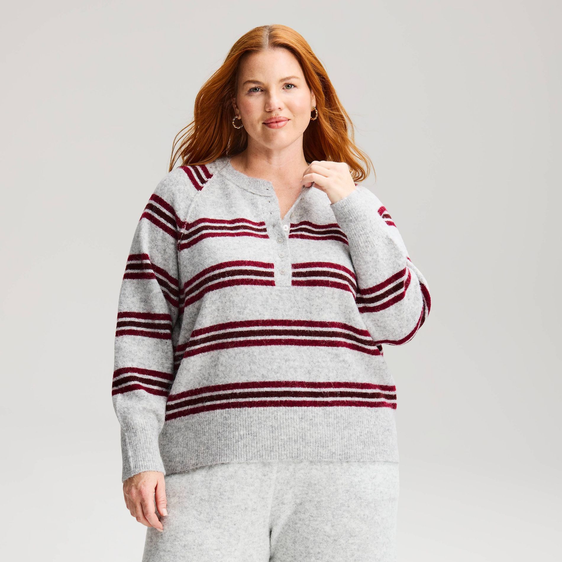 Women's Plus Long Sleeve Crewneck Pull Over Striped Henley Sweater - Ava & Viv™