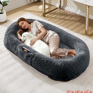 Human Dog Bed for Adult Large Gaint Shared Bed for People Pets, Washable Faux Fur Removable Nap Bed Bean Bag w/Handle Side Pocket - 1 of 4