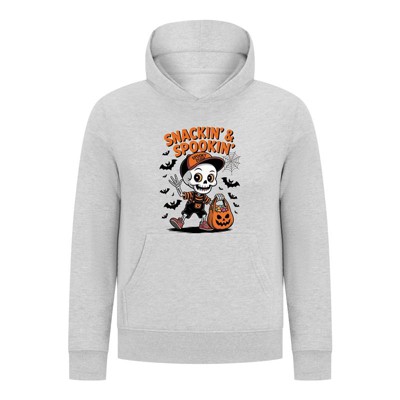 Everyday Kids “Snackin’ & Spookin’” Pullover Halloween Hoodie – Skeleton Trick-or-Treater with Candy Bag – Cozy Fall Sweatshirt for Boys, Heather Gray