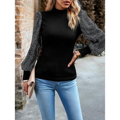 Womens Tops Mock Neck Long Sleeve Sequin Panel Casual Elegant Pullover Knit Sweater Tops