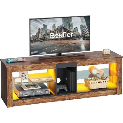 Black Marble 63-inch TV Stand with LED Lights and Glass Shelves