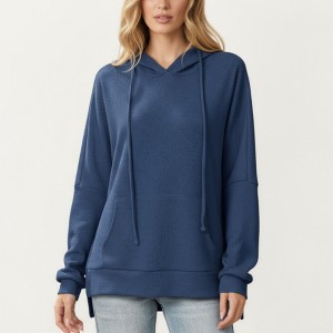 Anna-Kaci Women’s Long Sleeve Waffle Knit Hoodie Top with Kangaroo Pocket Soft Relaxed Fit Drop Shoulder Design - 1 of 4