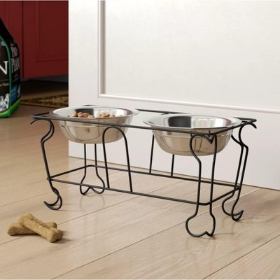 Large Black Wrought Iron Stand with Double Stainless Steel Feeder Bowls