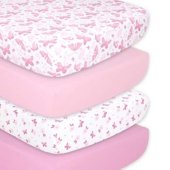 The Peanutshell Pink Butterfly 4-Pack Crib Fitted Sheet Set in Pink/White