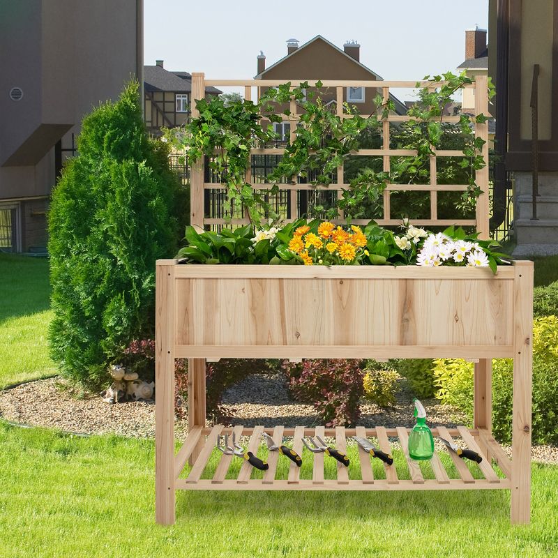 Costway Raised Garden Bed Elevated Wooden Planter Box with Trellis & Open Storage Shelf, 2 of 11