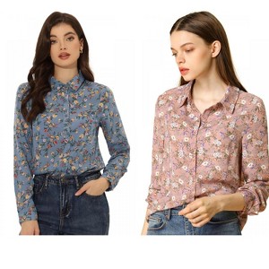INSPIRE CHIC Women's Point Collar Long Button Sleeve Button Down Floral Shirt 2 Packs - 1 of 4