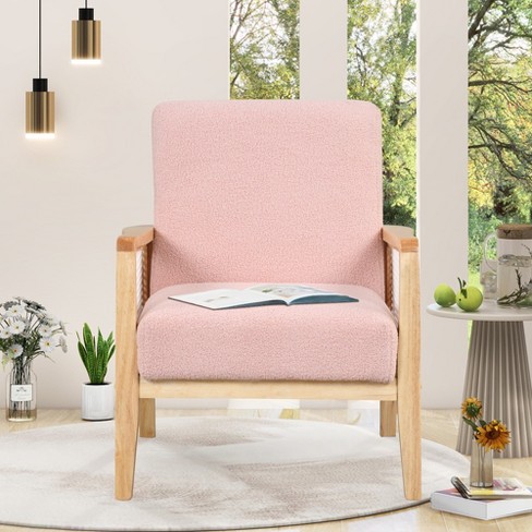 Modern Accent Chair for Living Room, Teddy Fabric Upholstered Armchair,  Vanity Chair with Rose Golden Metal Feet Bedroom, Pink 