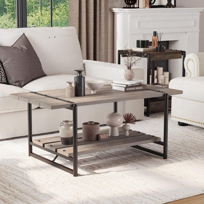 Homhougo 2-Tier Industrial Coffee Table with Storage Shelf Farmhouse Metal Rectangle Center Coffee Table, Rectangle Stable Metal