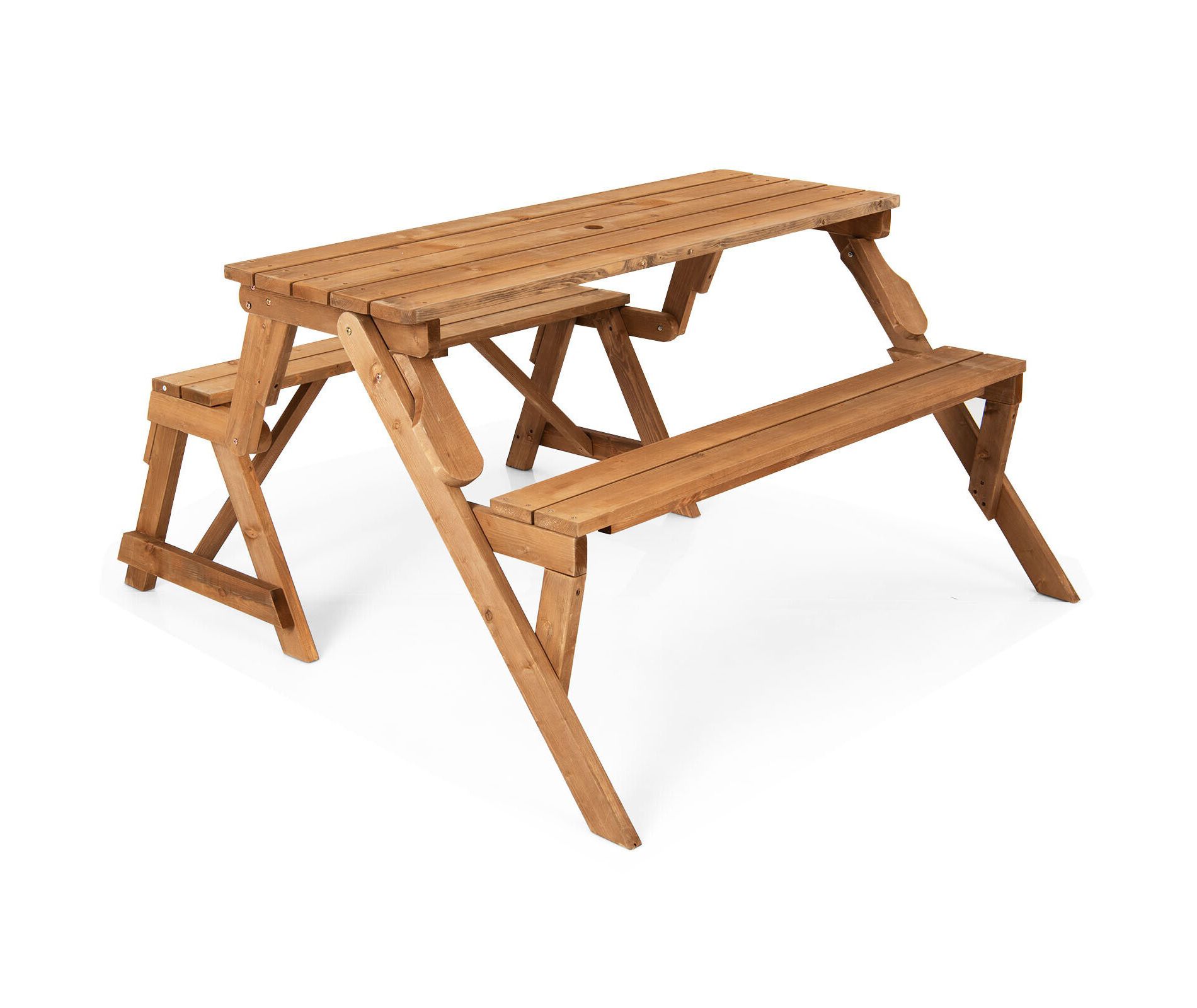 2-in-1 Convertible Wooden Picnic Table and Garden Bench with Umbrella Hole, Dark Brown