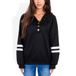 Anna-Kaci Women's Button-Front Hoodie with Stripe Sleeve Detail and Relaxed Fit for Casual Looks - 1 of 4