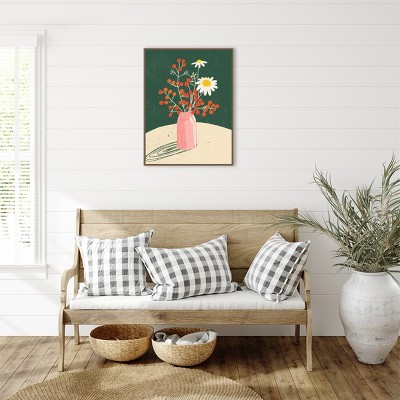 Beaded Bronze Framed Botanical Canvas Print with Pink Vase