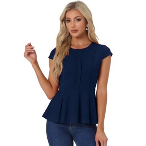 INSPIRE CHIC Women's Elegant Round Neck Cap Sleeve Solid Color Peplum Blouses - 1 of 4