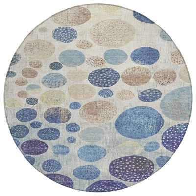 HomeRoots 8' Navy Blue And Ivory Round Geometric Washable Indoor Outdoor Area Rug