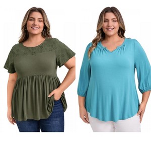 GRACE & GRANDEUR Women's Plus Size 2 Pcs Set Floral Eyelet Embroidery Tops and V Neck 3/4 Sleeve Blouses - 1 of 4
