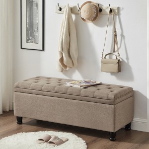 Tufted Upholstered Storage Bench with Spindle Wooden Legs, Faux Leather/Linen Entryway Bench with Hidden Storage, Bed End Ottoman - ModernLuxe - 1 of 4