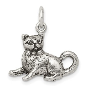 Black Bow Jewelry Sterling Silver 3D Antiqued Cat Charm or Pendant - 1 of 4