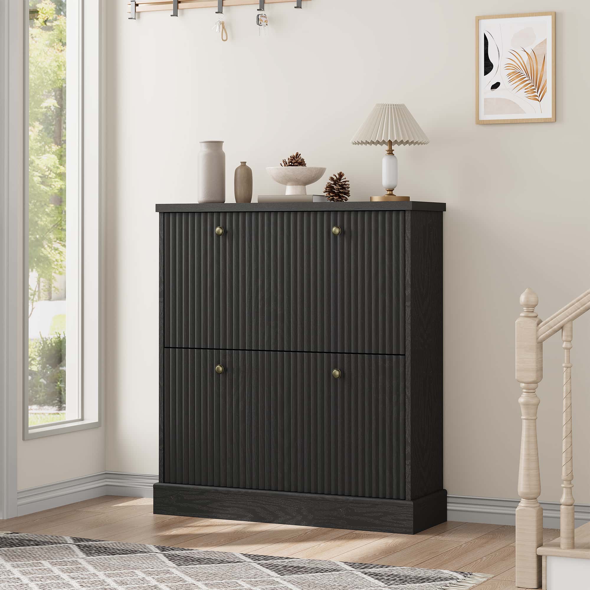 GarveeHome Shoe Cabinet with 3 Flip Drawers, Hidden Wooden Fluted Shoe Cabinet with Adjustable Shelf, Freestanding Shoe Storage Cabinet for Entryway
