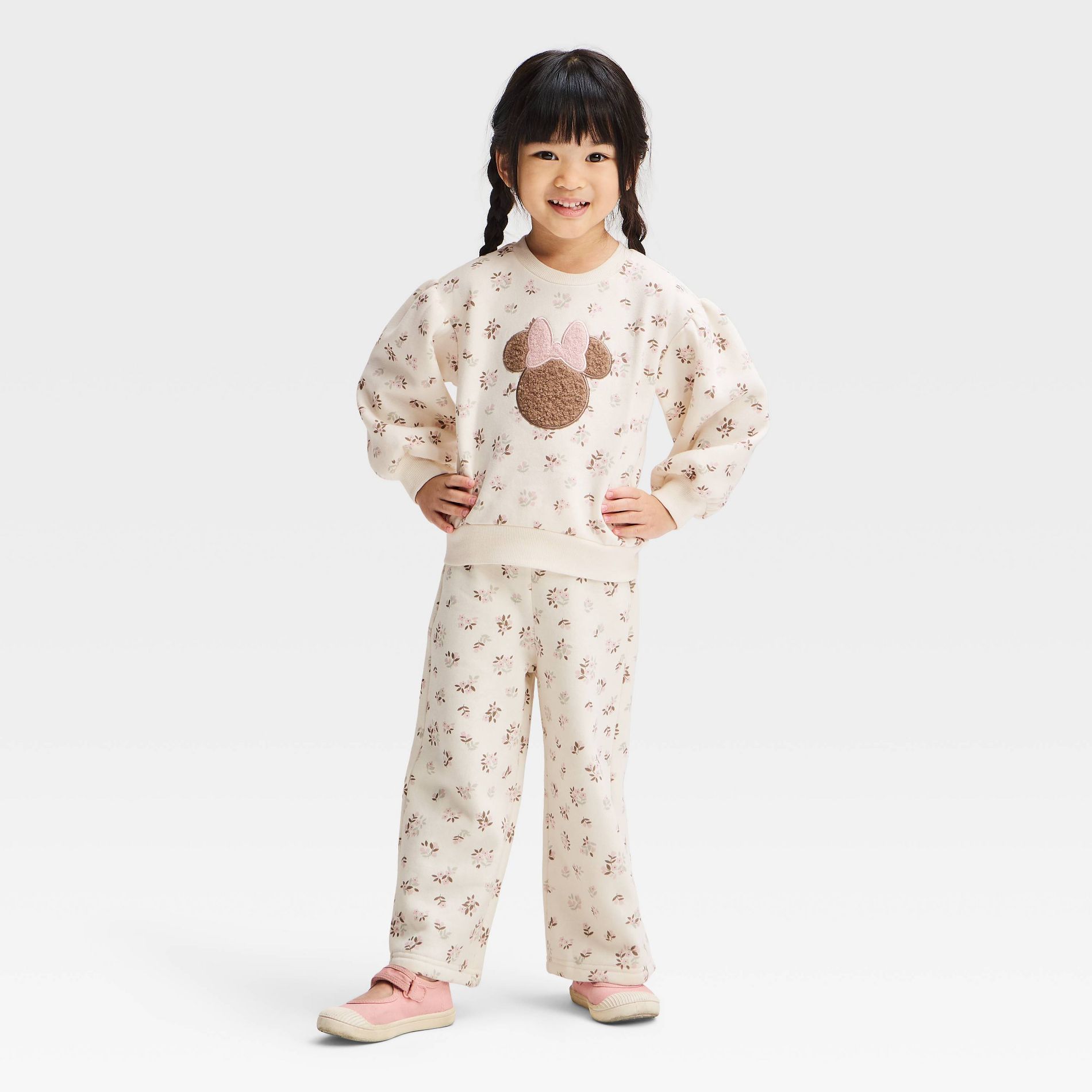 Toddler Girls' 2pc Disney Minnie Mouse Floral Cozy Fleece Crewneck Sweatshirt and Wide Leg Pants Set - Ivory/Brown