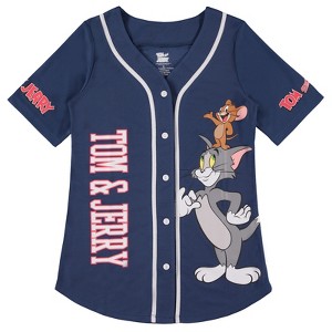 Ladies Tom and Jerry Shirt - Ladies Classic Tom and Jerry Cartoon Mesh Button Down Baseball Jersey - Hanna Barbera Tom and Jerry Mesh Jersey - 1 of 4