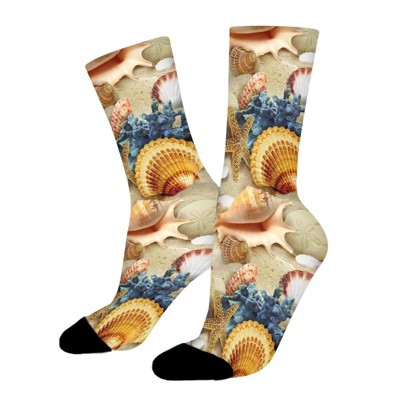 Starfish Conch Seashell Women Printed Crew Socks Funny Funky Socks Soft Polyester Novelty Gifts for Artists Men