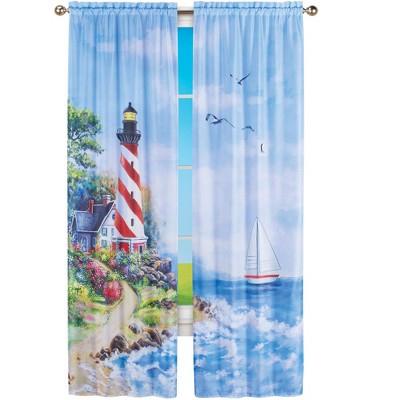Coastal Lighthouse Scene Light-Filtering Polyester Curtain Panel Pair