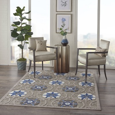 Blue/Grey Floral Flat Woven Synthetic Outdoor Rug, 2'3" x 8'