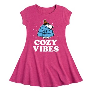 Girls' - Peanuts - Snoopy Puffer Cozy Vibes Fit & Flair Cap Sleeve Dress - 1 of 3