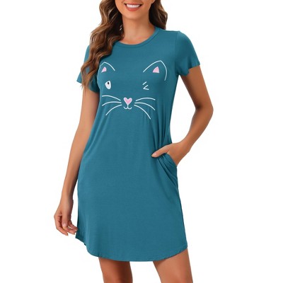 cheibear Women's Short Sleeve Summer Cute Cat Printed with Pockets Nightgowns
