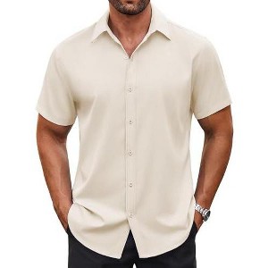 mens dress shirt beige Men's Basic Solid Color Button Up (Beige) / X-Large/17-17.5 Neck/36-37 Sleeve 35% Cotton / 65% Polyester Tommy Hilfiger Men's Regular-Fit Dress