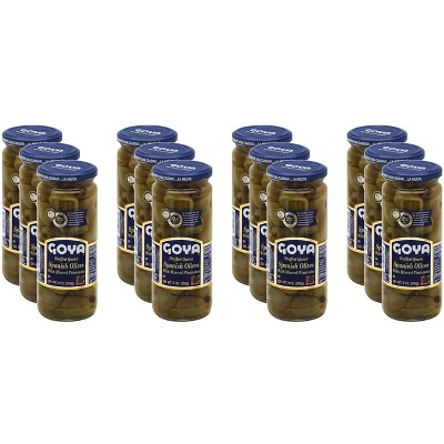 Goya Stuffed Queen Spanish Olives with Minced Pimientos - Case of 12 - 9 oz